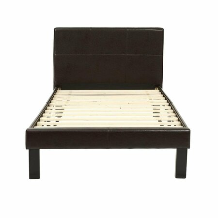 KD GABINETES Upholstered Bed Frame with Slats in Espresso Faux Leather - Twin Size KD3126662